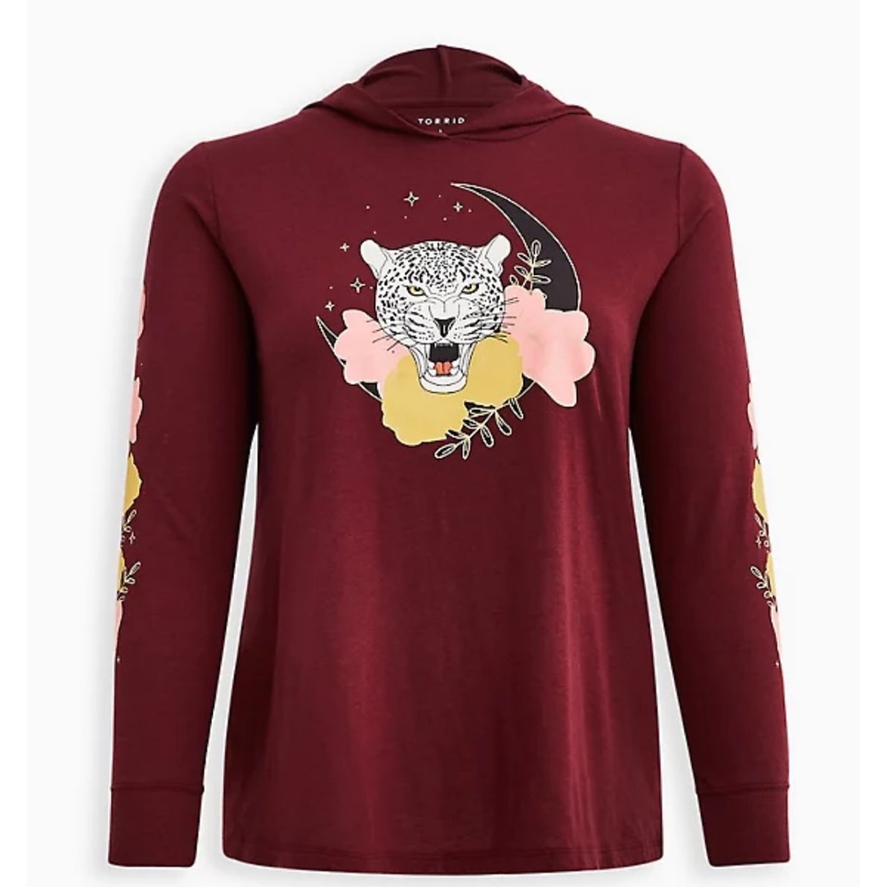 NWT Torrid Hoodie Tee - Triblend Jersey Floral Cheetah Wine